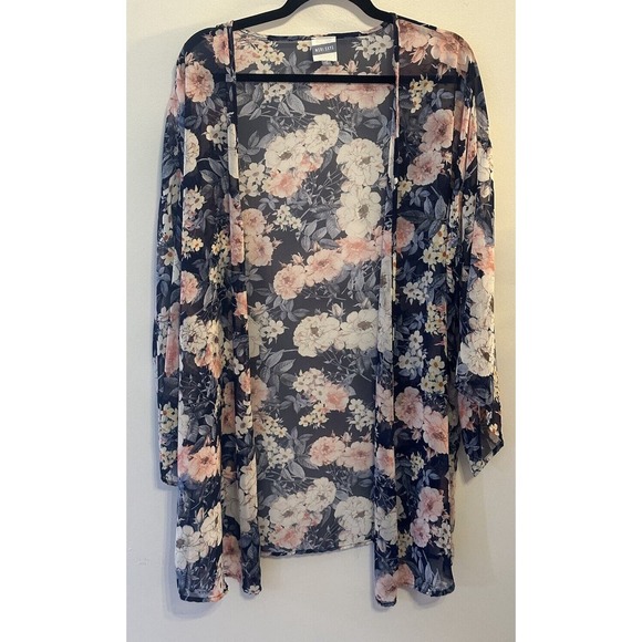 Meri Skye Women Tops Kimono 2X Blue Floral Polyester Open Front - Picture 1 of 6